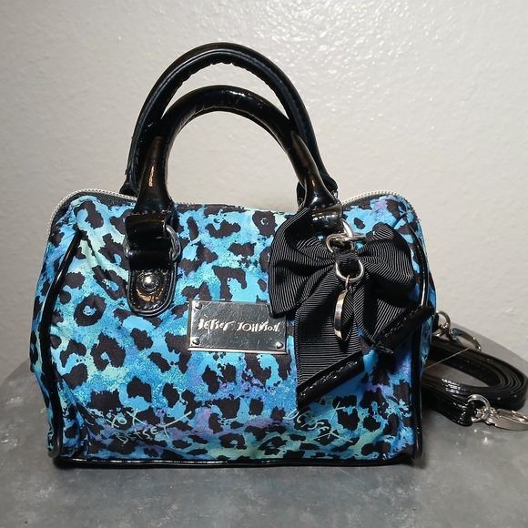Betsey Johnson Handbags - Betsey Johnson Blue Leopard Mini Messenger Roll Bag Glossy Finish & Bow